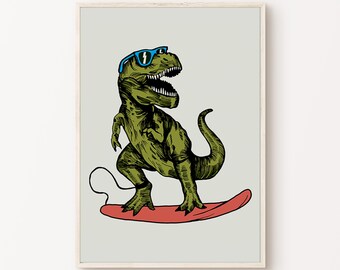 Impresión para niños T-Rex, arte de dinosaurios para el dormitorio del niño, cartel de surf de la sala de juegos, arte divertido imprimible de la habitación del niño T Rex, impresiones para niños pequeños