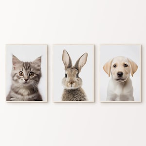 3er Set Baby Tiere Kinderzimmer Poster, druckbare süße Häschen Katze Hund 3 Stück Wandkunst, Kinderzimmer Poster, Kinderzimmer Dekor, digitaler Download