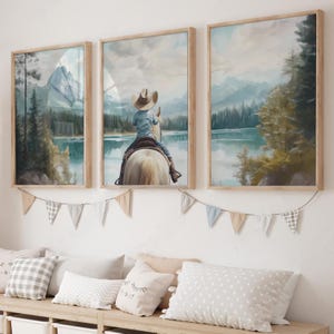 Cowboy Nursery Print, Baby Western Cowboy Nursery Decor, Little Boy Horse Riding Nursery Wall Art, Boy&#39;s Horse Room Digital Set of 3 Print