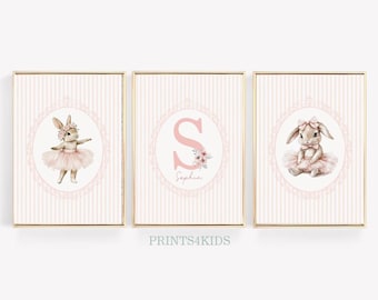 Bunny Nursery Prints, Personalized Vintage PRINTABLE Art, Rabbit Wall Art for Girl Nursery Decor, Ballerina Print, Custom Name Sign Wall Art