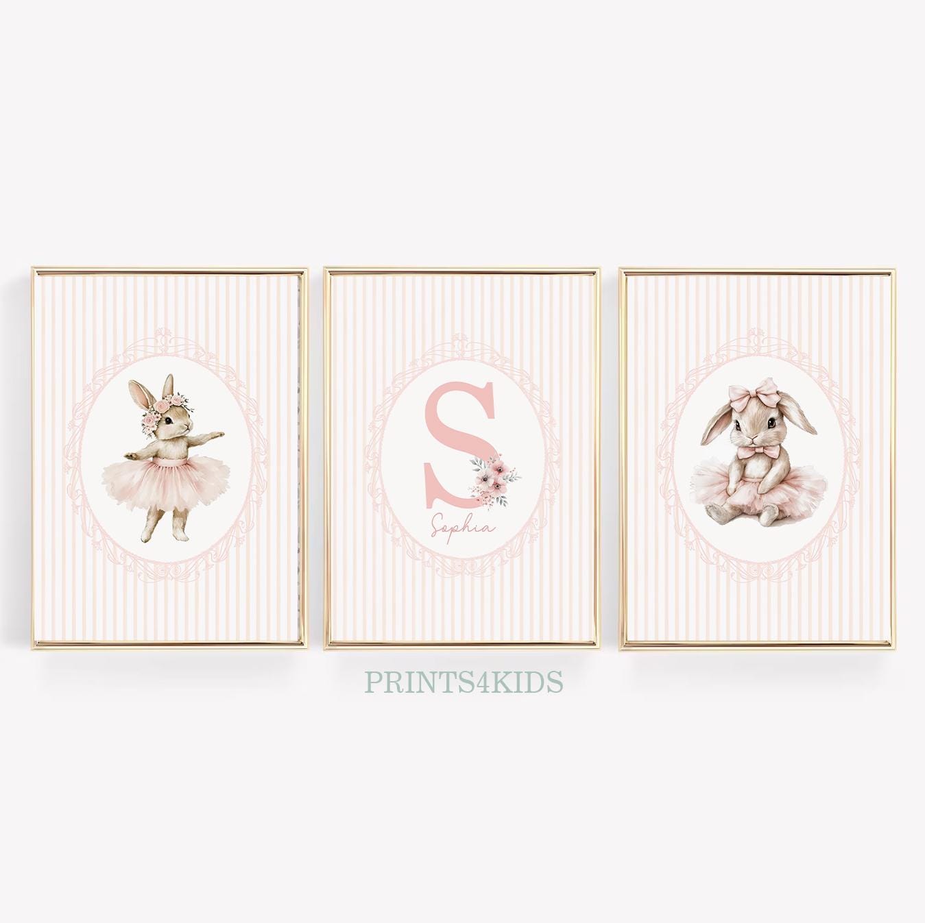 Bunny kinderkamer prints, gepersonaliseerde vintage AFDRUKBARE kunst, konijn muurkunst voor meisje kinderkamer decor, ballerina print, aangepaste naambord kunst aan de muur