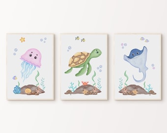 Under the Sea Nursery Set of 3 Prints, Nautical Ocean Animal Poster, Boy Nursery Prints, Sea Animal Art, Playroom Decor, DIGITAL DOWNLOAD