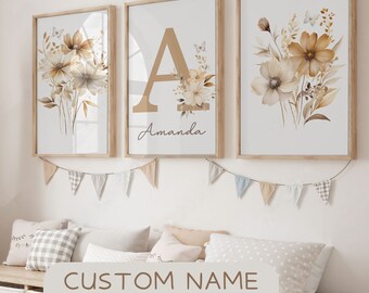 Wildflower Set of 3 Nursery Prints, Printable Custom Floral Room Wall Art, Boho Baby Girl Nursery Decor, Watercolor Personalized Name Poster