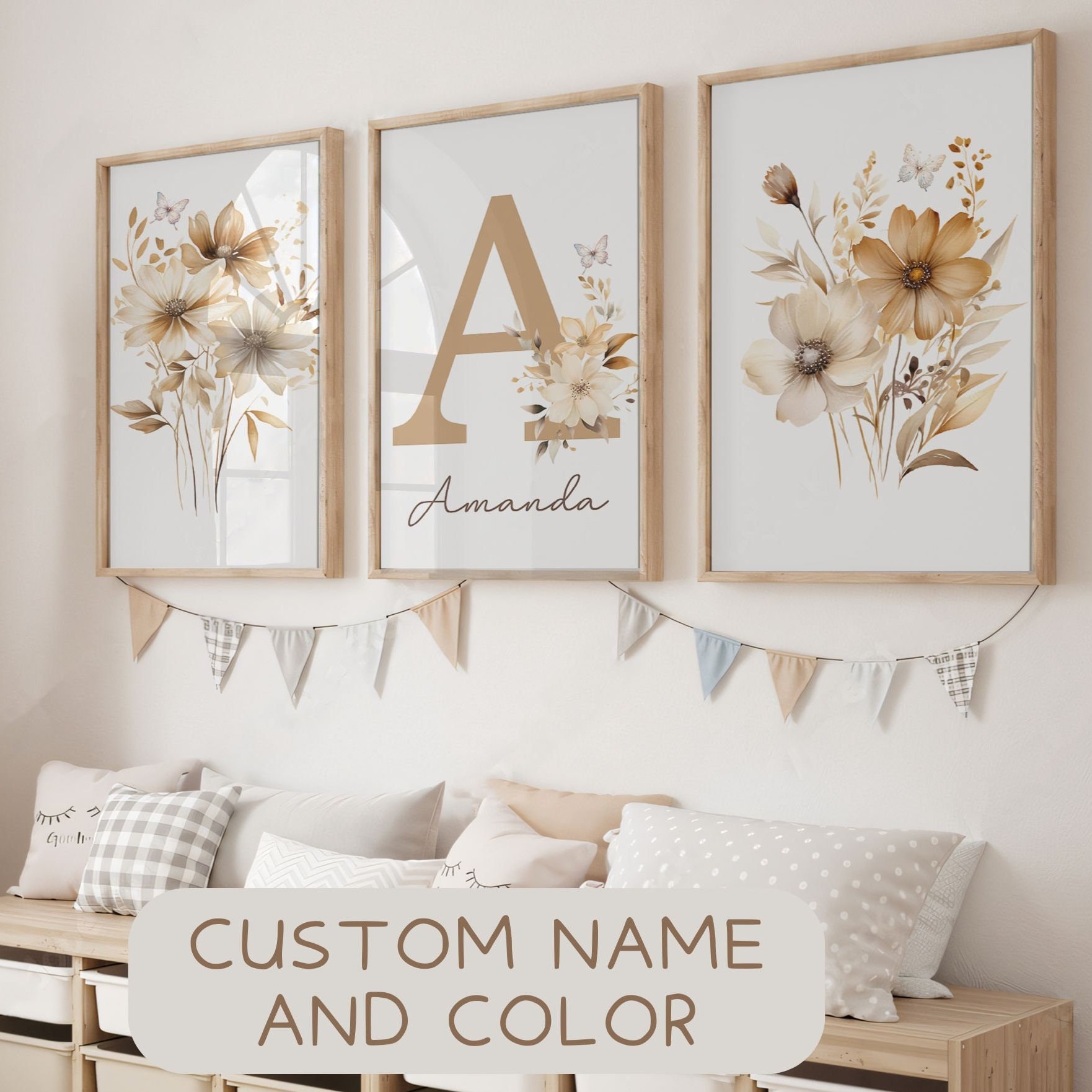 Wildflower Set of 3 Nursery Prints, Printable Custom Floral Room Wall Art, Boho Baby Girl Nursery Decor, Watercolor Personalized Name Poster