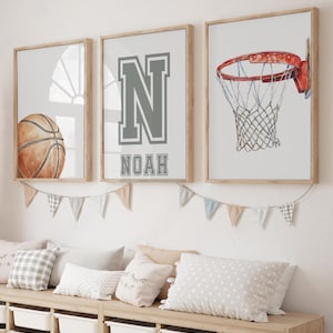 Basketball Wandkunst, Aquarell benutzerdefinierter Druck 3er-Set für Jungenzimmer, personalisierte Name Jungen Spielzimmer Dekor, Sport Kinderzimmer druckbare Kunst