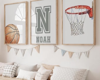 Basketball Wall Art, Watercolor Custom Print Set of 3 for Boy Room, Personalized Name Boys Game Room Decor, Sport Nursery Printable Art