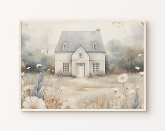 Neutral Cottage Painting, Printable Wildflower Nursery Art, Countryside Girl Room Decor, Farmhouse Muted Poster, French Country Print
