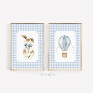 Nursery Set of 2 Vintage Prints, Bunny Nursery Wall Art, Antique Baby Boy Room Art, Blue Tones Nursery Farmhouse Art, Gingham Nursery Decor