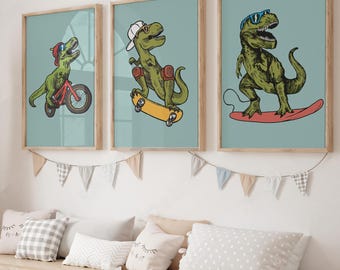 T-Rex Boy Room Wall Art, Dinosaurs Art for Kids Bedroom, Playroom Surf Skateboards Poster, Printable Funny T Rex Set of 3 Toddler Prints