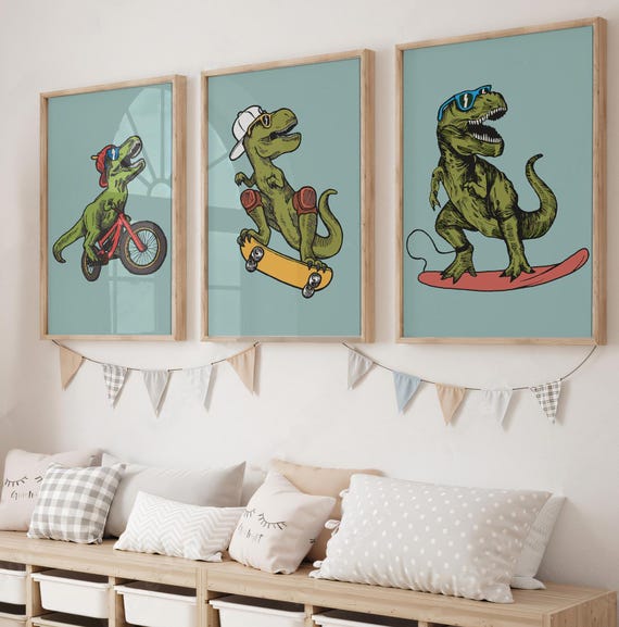 T-Rex Boy Room Wall Art, Dinosaurs Art for Kids Bedroom, Playroom Surf Skateboards Poster, Printable Funny T Rex Set of 3 Toddler Prints
