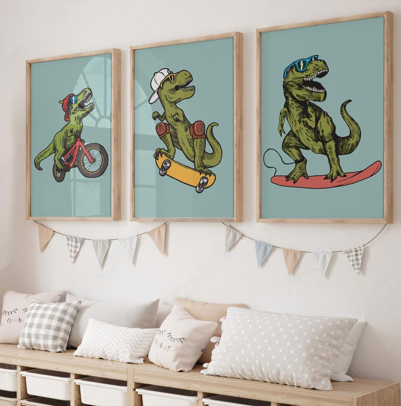 T-Rex Boy Room Wall Art, Dinosaurs Art for Kids Bedroom, Playroom Surf Skateboards Poster, Printable Funny T Rex Set of 3 Kids Prints
