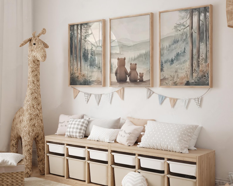 Bear Family Prints, Woodland Boys Nursery Decor, Bear Family of 3 Print, PRINTABLE Forest Animals Art, Family Portrait Set of 3 Room Art