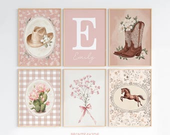 Cowgirl Nursery Wall Art, Baby Girl Floral Western Decor, Horse Riding Set of 6 Print, Custom Name Girls Room Digital Downloadable Art