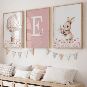 Bunny Nursery Prints, Personalized Floral PRINTABLE Art, Rabbit Wall Art for Girl Nursery Decor, Hot Air Balloon Print, Custom Name Sign Art