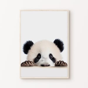 Arte de pared de oso panda bebé, linda impresión de guardería con animales al escondite, fotografía de panda imprimible, póster para habitación de niños, decoración de guardería, descarga digital