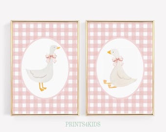 Goose Nursery Prints, Set of 2 Nursery PRINTABLE Art, Goose Bow Wall Art for Baby Girl Nursery Decor, Vintage Duck Pink Gingham Wall Art