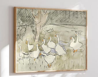Afdrukbare kunst aan de muur eend, vintage muurafdrukken voor kinderkamer, decor eend kinderkamer, genderneutraal kinderdagverblijf prints, decor boerderij kinderkamer