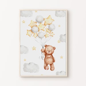 Printable Teddy Bear Nursery Wall Art, Neutral Nursery Bear Print, Cute Teddy Bear Kids Room Decor, Clouds Stars Nursery Poster