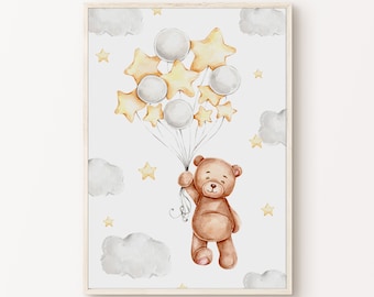 Printable Teddy Bear Nursery Wall Art, Neutral Nursery Bear Print, Cute Teddy Bear Kids Room Decor, Clouds Stars Nursery Poster