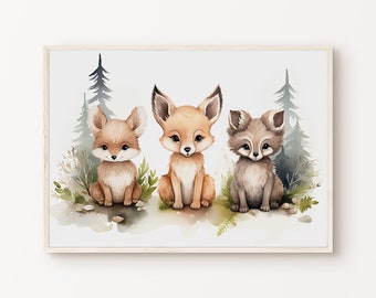 Nursery Woodland Baby Foxes Wall Art, Printable Kids Digital Print, Cute Forest Nursery Decor, Watercolor Animal Poster, DIGITAL DOWNLOAD