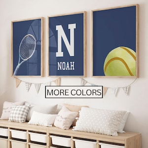 Arte murale da tennis, set di 3 stampe personalizzate ad acquerello per la stanza dei ragazzi, decorazione personalizzata per la sala giochi dei ragazzi con nome, arte stampabile per la cameretta dei bambini