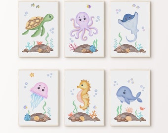 Impresiones de viveros bajo el mar, carteles de animales náuticos del océano, conjunto de grabados de viveros para niños, arte de pared de animales marinos, decoración de sala de juegos, DESCARGA DIGITAL