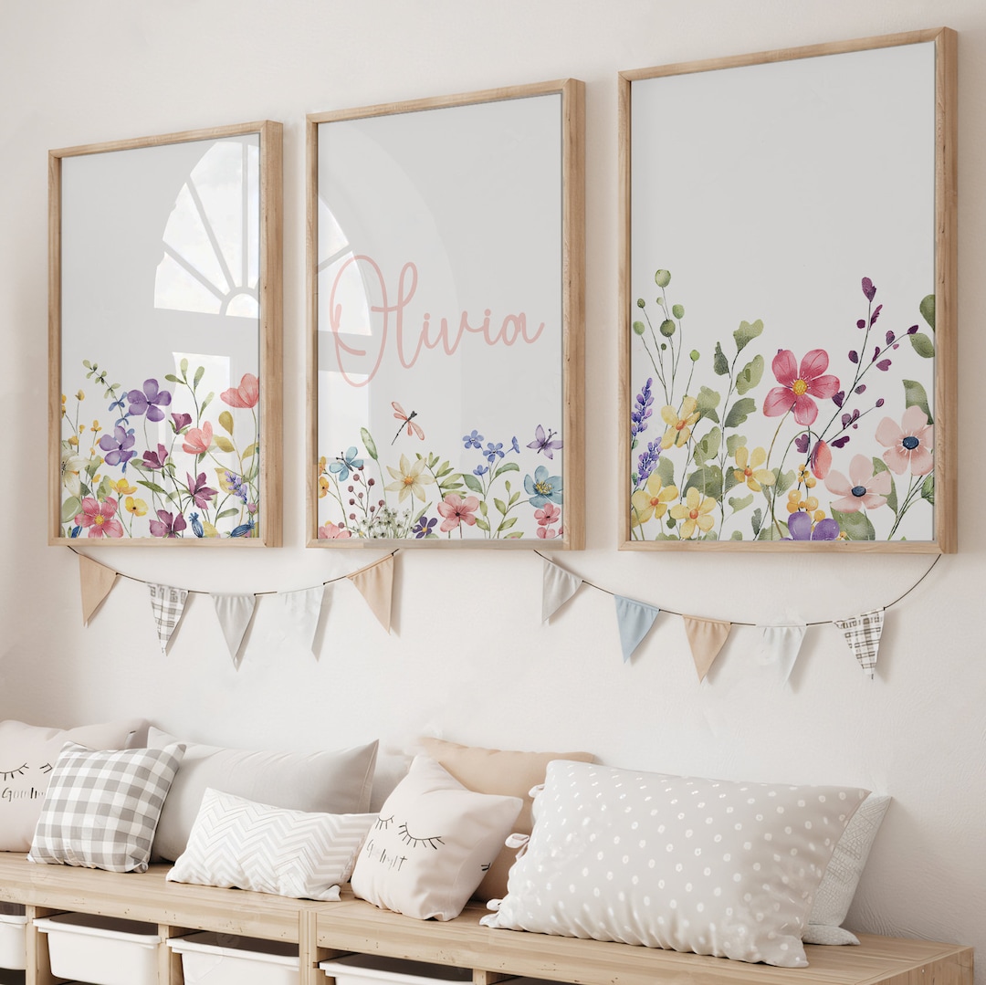 Wildflower Nursery Set of 3 Prints, Printable Custom Floral Room Wall ...