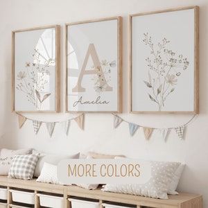 Decorazione per vivaio di fiori di campo, arte da parete per camera floreale personalizzata stampabile, Boho Baby Girl Nursery Set di 3 stampe, poster con nome personalizzato ad acquerello