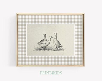 Arte murale a forma di anatra, stampe murali vintage per la cameretta dei bambini, decorazioni per la cameretta dei bambini con anatra, stampe per la cameretta dei bambini gender-neutral, decorazioni per la cameretta dei bambini in stile fattoria a quadretti