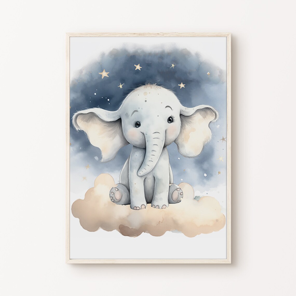 Baby Elephant Nursery Print, Printable Stars Clouds Baby Room Wall Art ...