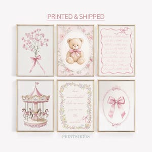 Girl Nursery Wall Art, Set of 6 Pink Prints for Girl Room Decor, Vintage Bear Nursery Art, Lullaby Poem Poster, Floral Bow Art, Mailed Art
