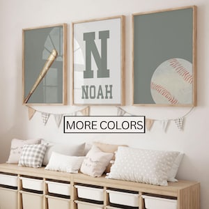 Arte murale da baseball per la stanza dei ragazzi, set di 3 stampe sportive ad acquerello, decorazione personalizzata per la sala giochi dei ragazzi con nome, arte stampabile per la cameretta dei bambini con baseball