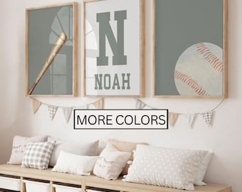 Baseball Wall Art for Boy Room, Watercolor Sport Prints Set of 3, Personalized Name Boys Game Room Decor, Baseball Nursery Printable Art