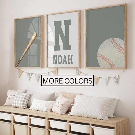 Baseball Wall Art for Boy Room, Watercolor Sport Prints Set of 3, Personalized Name Boys Game Room Decor, Baseball Nursery Printable Art
