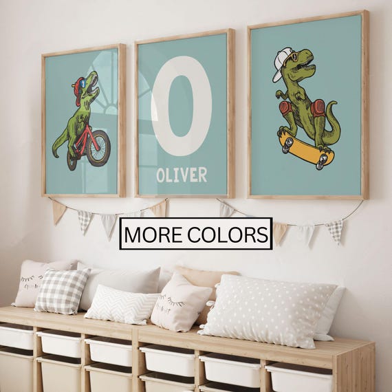 Dinosaurs Poster, T-Rex Boy Room Wall Art, Custom Art for Kids Bedroom, Playroom Skateboards Art, Printable Set of 3 Toddler Room Prints
