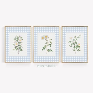 Wildflower Nursery Wall Art, Blue Tones Baby Room Decor, Vintage Floral Nursery Print Set of 3, Watercolor Botanical Wall Art