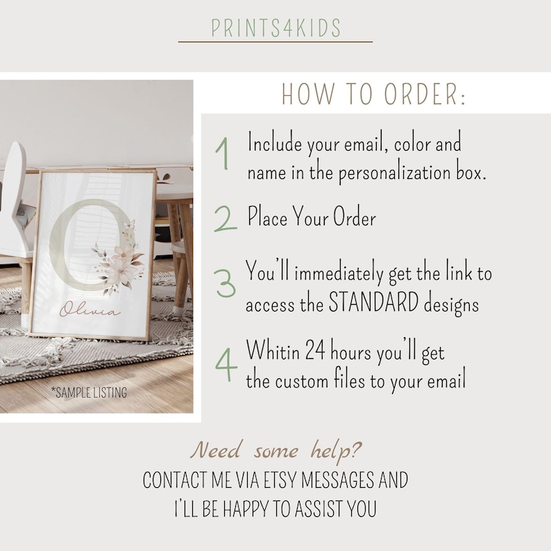 K&ouml;nnte beinhalten: Ein druckbares Design f&uuml;r einen personalisierten Kinderzimmerdruck mit dem Namen "Olivia" und einer Aquarell-Blumenillustration. Das Design enth&auml;lt Anweisungen, wie man den Druck bestellt und personalisiert.