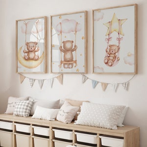 Teddy Bear Nursery Set of 3 Prints, Printable Girl Nursery 3 Pieces Wall Art, Cute Teddy Bear Kids Room Decor, Clouds Stars Nursery Poster