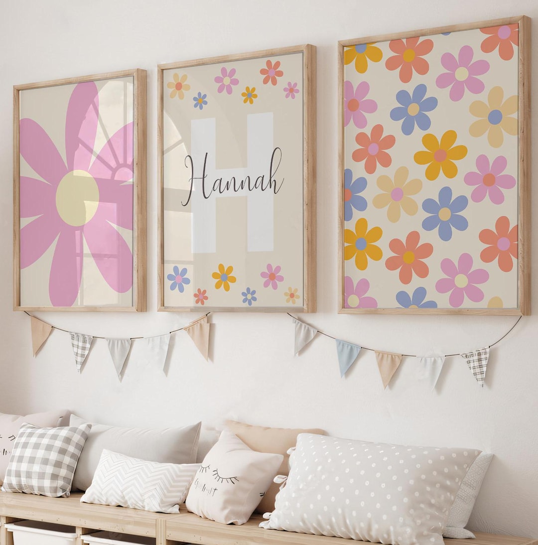 Nursery Daisy Wall Art, Set of 3 Personalized Name Sign Prints ...