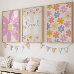 Nursery Daisy Wall Art, Set of 3 Personalized Name Sign Prints, Printable Boho Girl Room Decor, Custom Floral Neutral Nursery Gallery Wall
