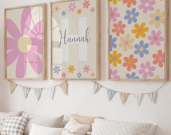 Nursery Daisy Wall Art, Set of 3 Personalized Name Sign Prints, Printable Boho Girl Room Decor, Custom Floral Neutral Nursery Gallery Wall