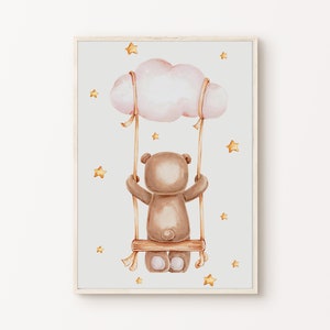 Teddy Bear Nursery Print, Printable Girl Nursery Large Wall Art, Cute Teddy Bear Kids Room Decor, Clouds Stars Nursery Poster