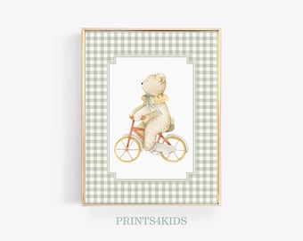 Gender Neutral Nursery Print, Baby Room Teddy Bear Wall Art, Gingham Pattern Art, Neutral Bear Nursery Art, Vintage Nursery Decor