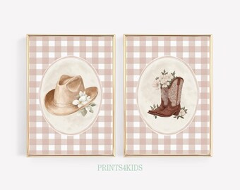 Western Nursery Floral Wall Art Set of 2, Baby Girl Cowgirl Pink Prints, Gingham Western Decor, Printable Digital Download