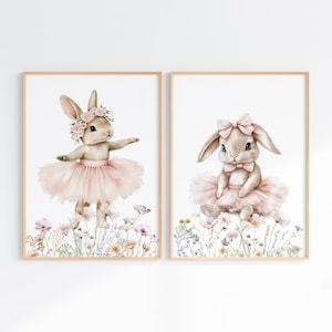 Bunny Nursery Prints, Floral Nursery PRINTABLE Art, Rabbit Wall Art for Baby Girl Nursery Decor, Ballerina Print, Wildflower Wall Art