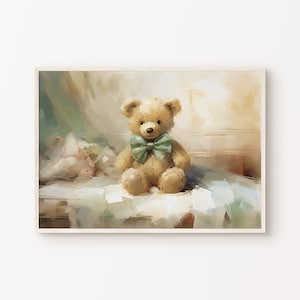 Vintage teddybeer print, Bear kinderkamer decor, teddybeer schilderij, rustieke kinderkamer decor, baby kamer decor neutraal, afdrukbare kinderkamer kunst aan de muur