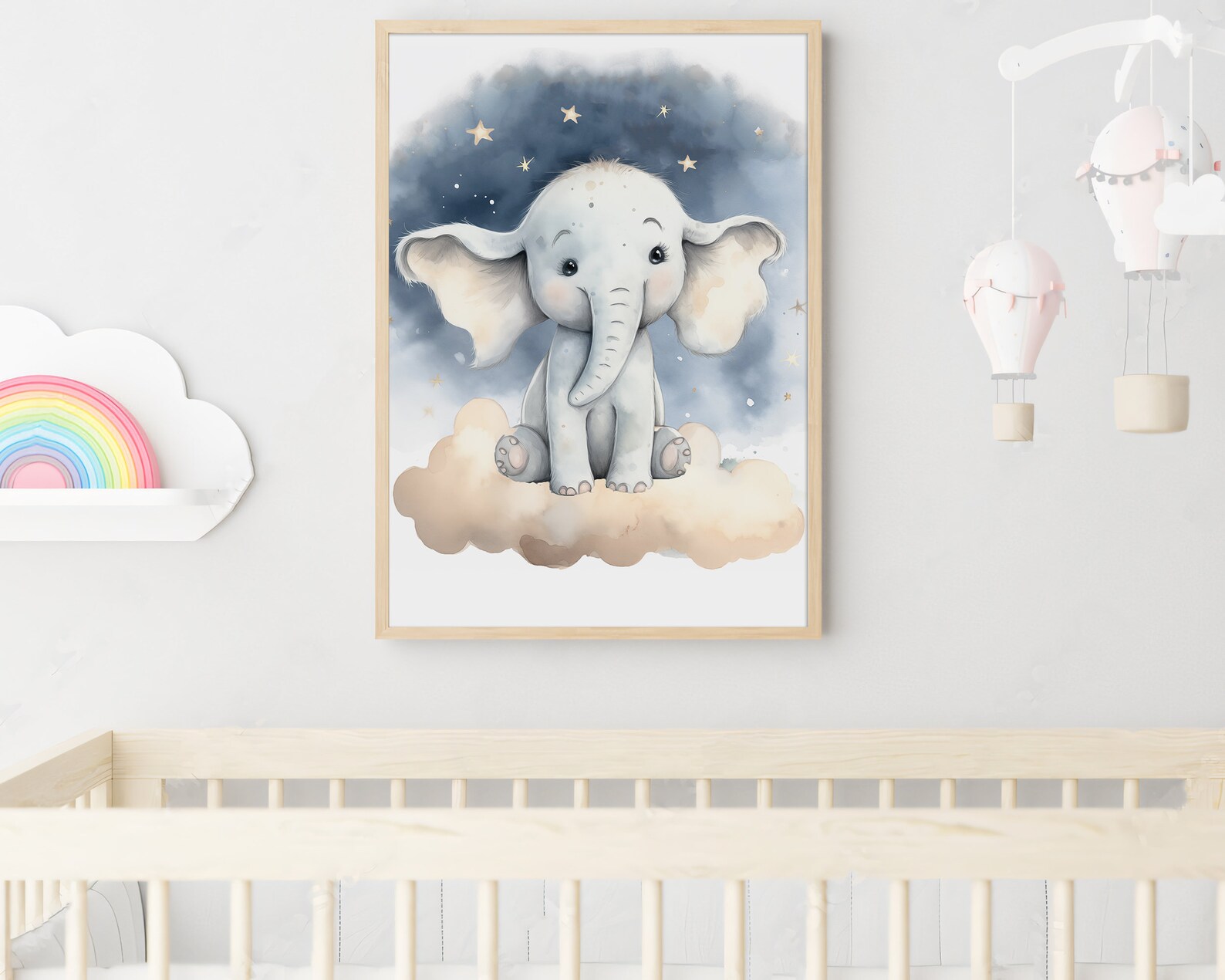 Baby Elephant Nursery Print, Printable Stars Clouds Baby Room Wall Art ...