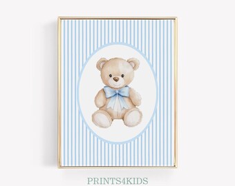 Bären Kinderzimmer Wandbild, Vintage Junge Kinderzimmer Dekor, Baby Blau Kinderzimmer Druck, Bär Blau Schleife Poster, Baby Jungen Zimmer Dekor, printable Art