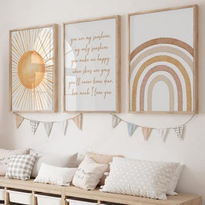 Arte de pared bohemio para habitación de bebé, póster imprimible con frase "Eres mi sol", juego de 3 láminas de sol para habitación de bebé, decoración neutra para habitación de bebé, arte arcoíris
