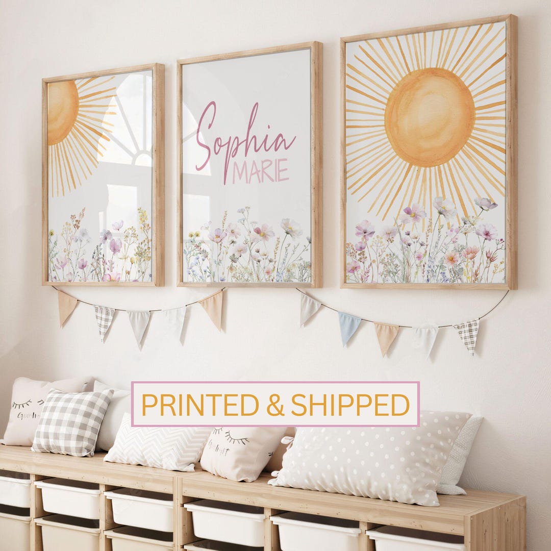 Wildflower Sun Nursery Set of 3 Print, Girls Room Custom Name Floral ...